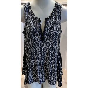 Akemi + Kin Anthropologie Black White Geometric Peplum Tank Top Pom Pom Trim L